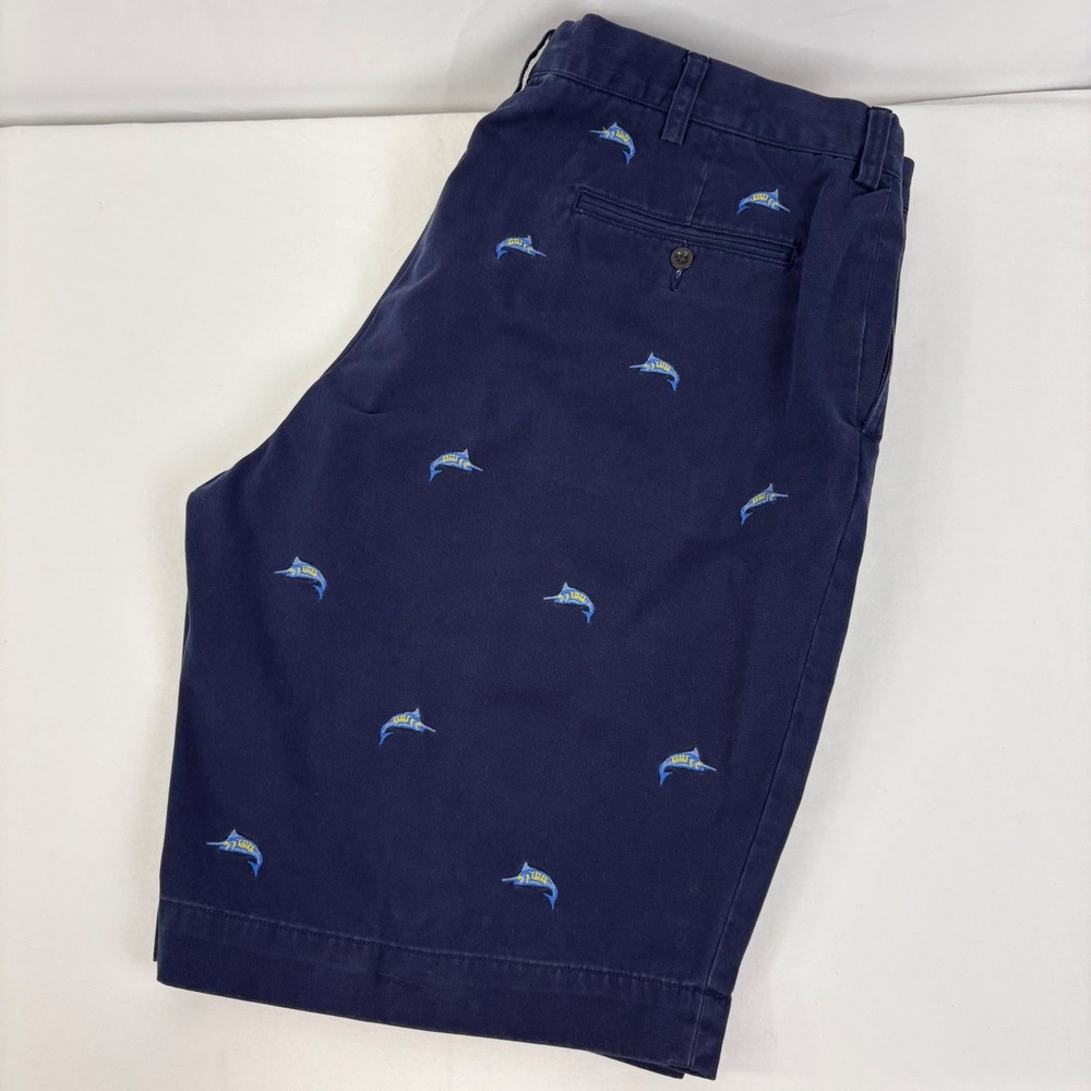 Polo Ralph Lauren Mens Navy Blue‎ Embroidered Marlin Chino Cotton Shorts Size 40